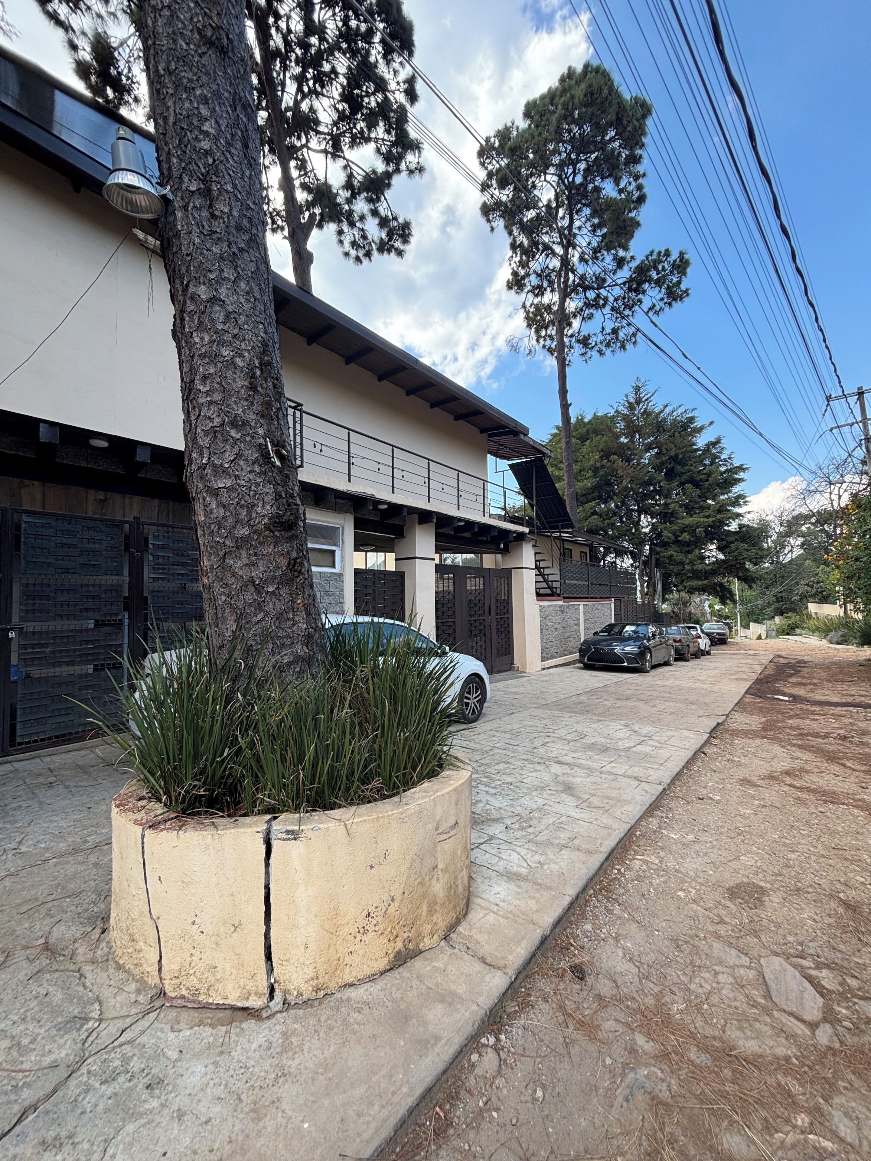 A residential building with a covered driveway, parked cars, and a tree planter with grass.