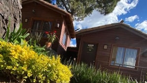 A two-story wooden cabin with a sloped roof, surrounded by well-maintained grass and yellow flowering shrubs. - Cabañas Tr'eje - Double Room (Valle de Bravo)