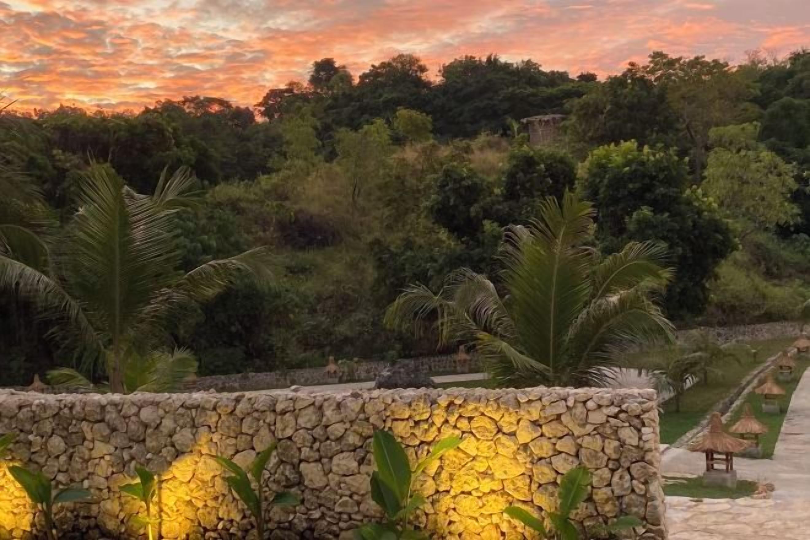 A stone wall with plants in front of a lush green landscape during sunset.