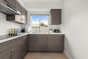 Fridge, microwave, stovetop, electric kettle