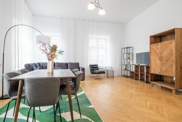 Luxury Apartment, 2 Bedrooms, City View | Living room | Flat-screen TV
