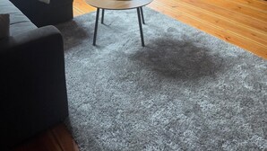 Une pièce comprenant une table ronde, un canapé, une plante en pot et un meuble en bois.