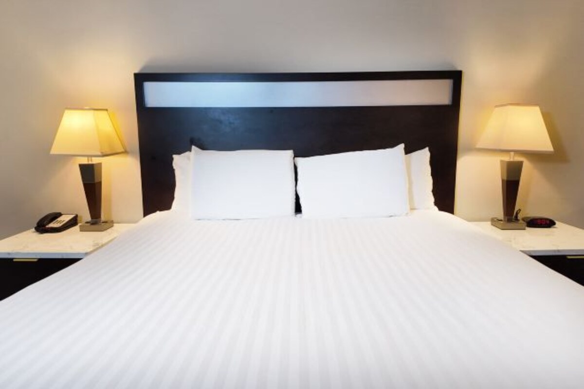 Una habitación de hotel con una cama grande, dos mesitas de noche con lámparas y un cabecero oscuro.