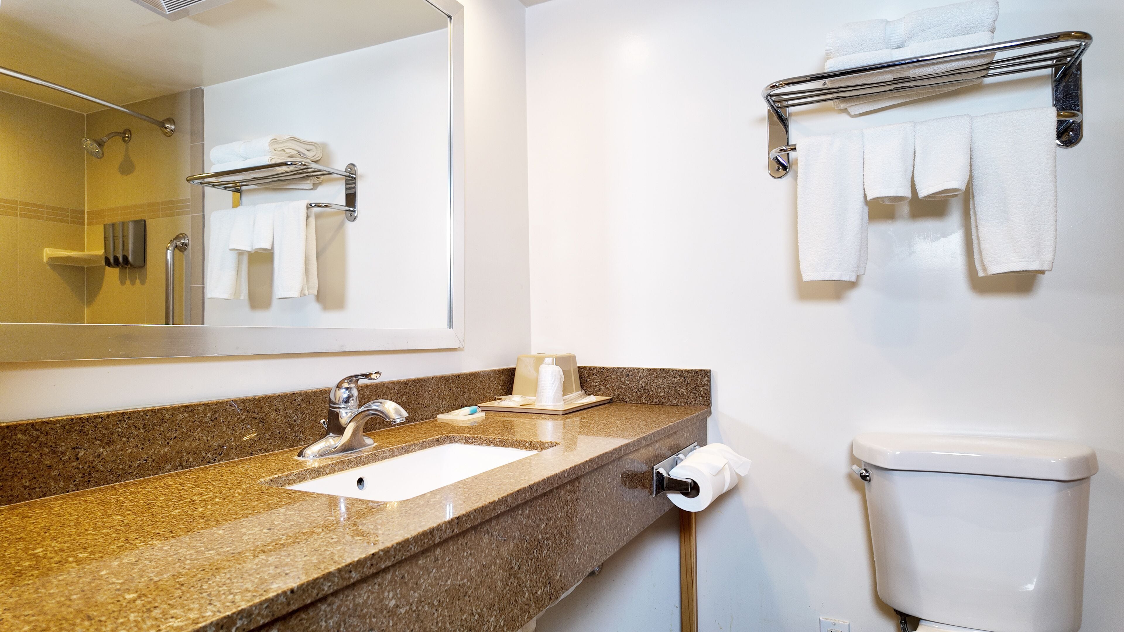 Une salle de bain avec un comptoir en granit, un lavabo, un miroir, un porte-serviettes et des toilettes.