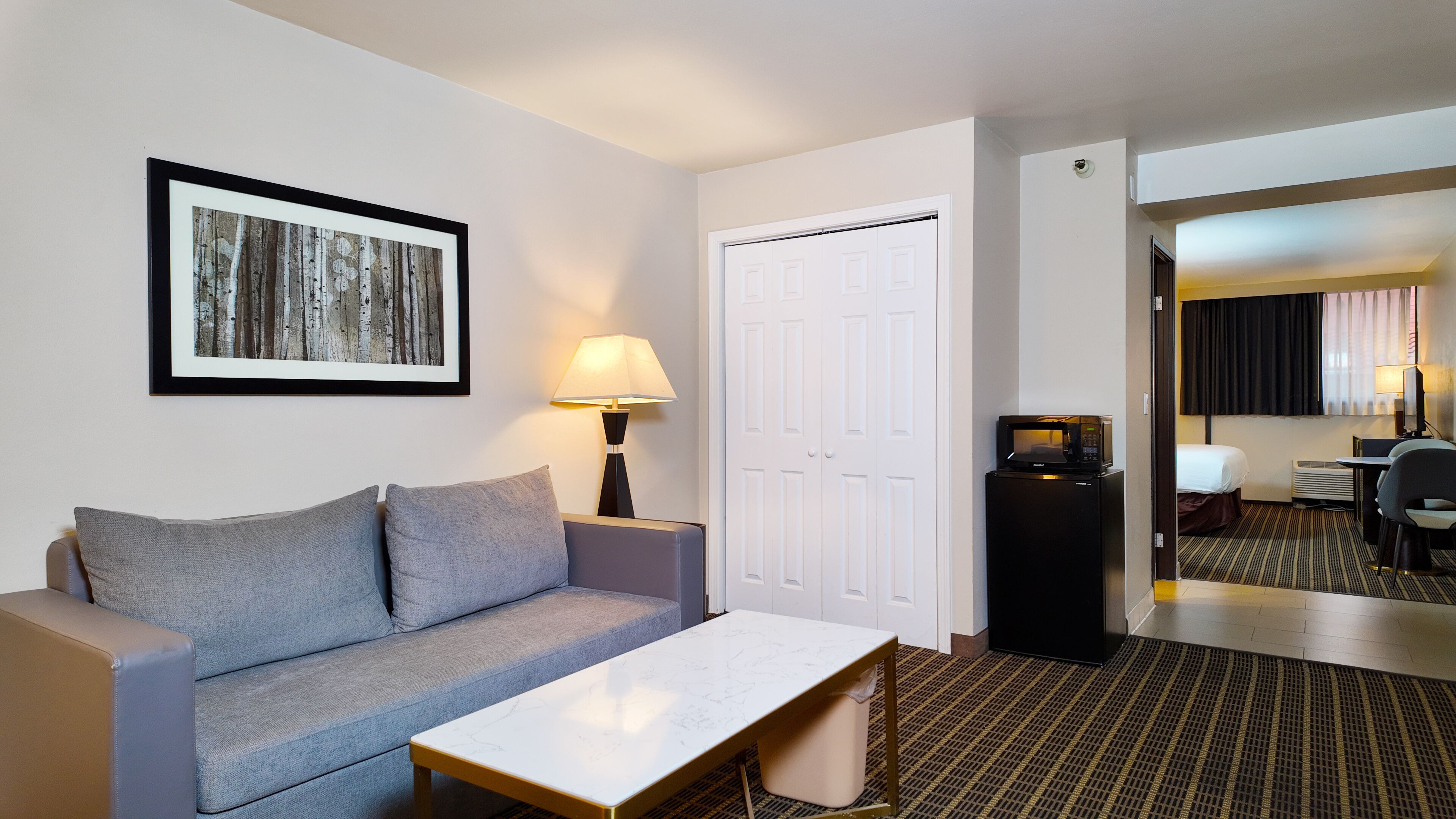 A hotel room with a gray sofa, a white coffee table, a framed picture on the wall, a door, a small table with a lamp, a microwave, and a TV.