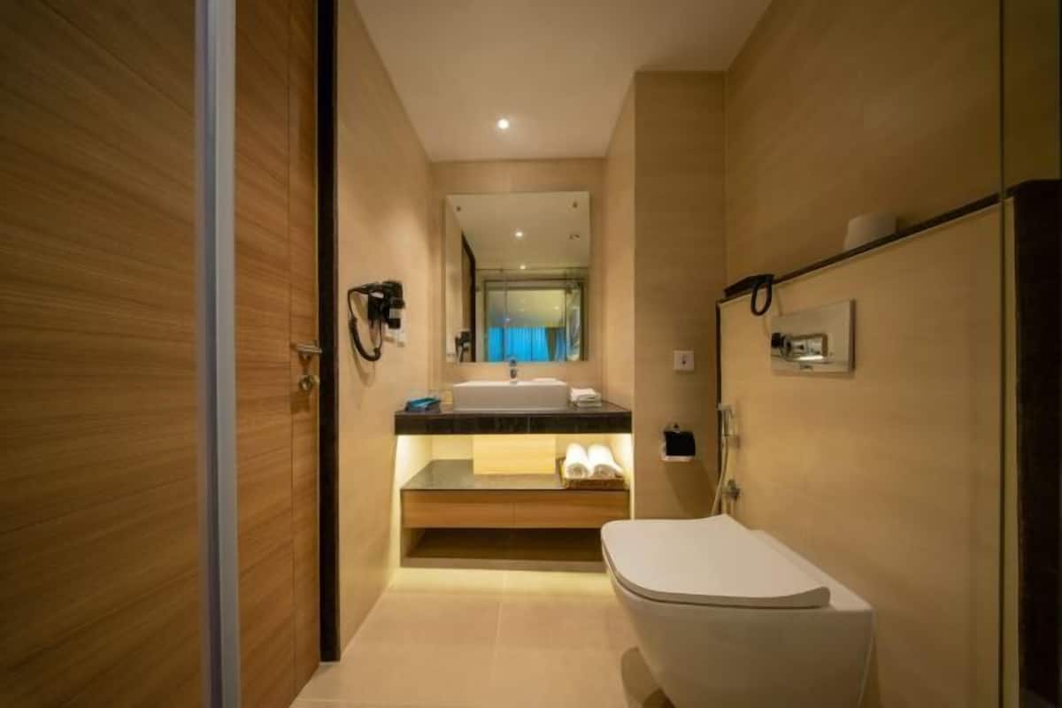 Bathroom | Shower, rainfall showerhead, hair dryer, bathrobes