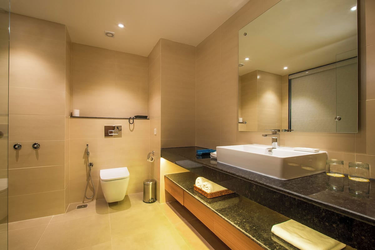 Shower, rainfall showerhead, hair dryer, bathrobes