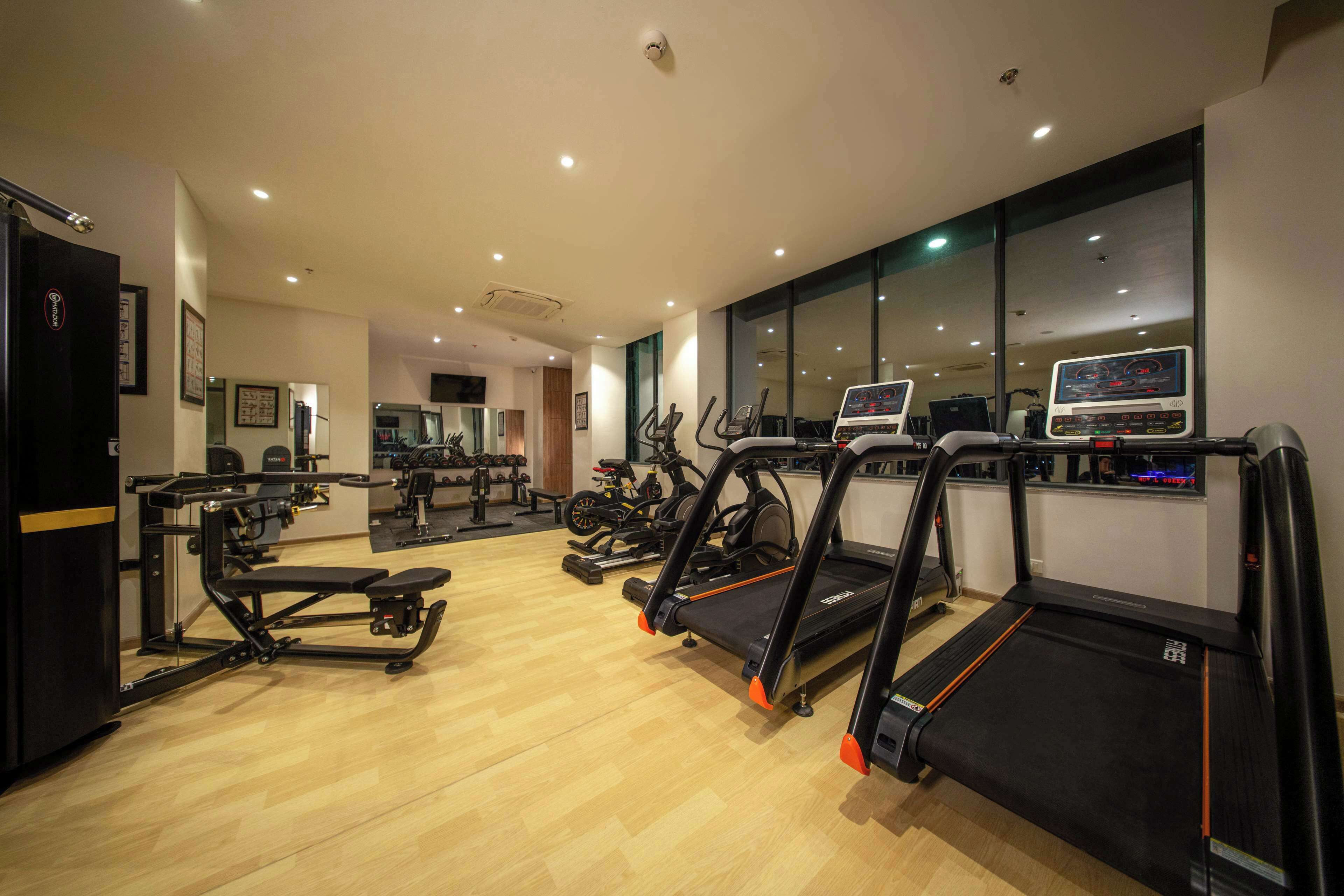 A gym with treadmills, stationary bikes, and weight machines.