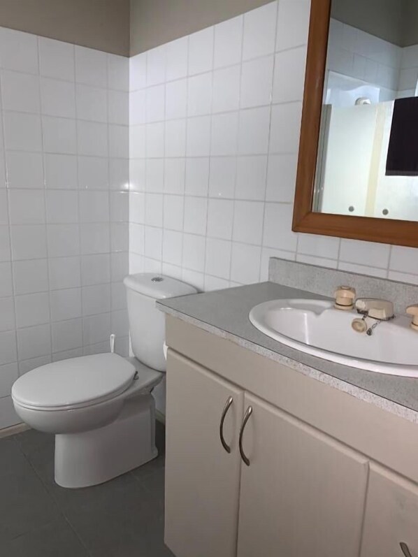 A bathroom with a toilet, sink, and mirror.
