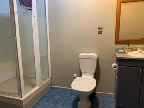 A bathroom with a toilet, a shower enclosure, and a sink area. - Spires Barn Lodge (Christchurch)