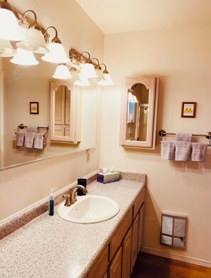 Hair dryer, towels, soap, shampoo