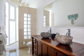 Chuveiro, secador de cabelo, toalhas de banho 