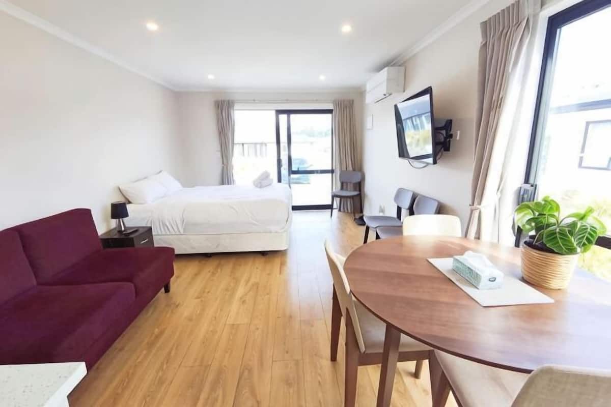 Une chambre d’hôtel avec un lit, un canapé, une table à manger, une télévision et une plante.