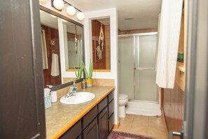 A bathroom with a sink, mirror, and shower. - Early Spring brings Early Outdoor time - Fish the Rio, Sleeps 14 Comfortably (South Fork)