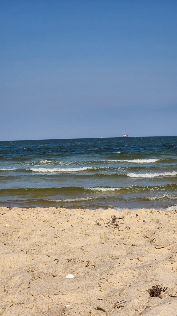 Una playa con olas, una orilla arenosa y un barco a lo lejos.