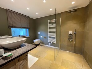 Hair dryer, towels, soap, toilet paper