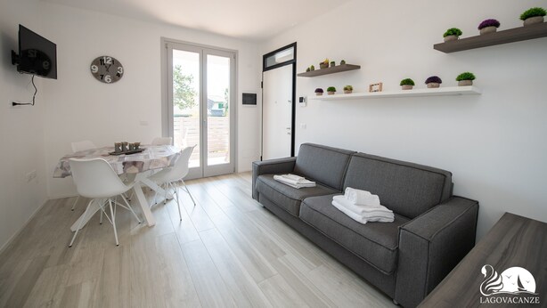 A modern living room with a grey sofa, a dining table with chairs, a flat-screen TV, a clock, and shelves with potted plants.