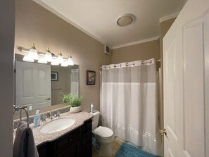 Shower, jetted tub, hair dryer, towels