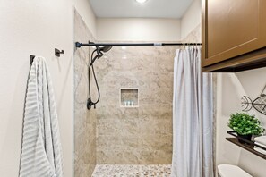 Shower, towels - Steps to the Beach | Gated Community, Canal Views & Lift (Port Bolivar)