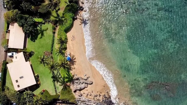 An aerial view of a beachfront property with a sandy beach, a few palm trees, and a few houses. - Beach front Honu Cottage (Kihei)