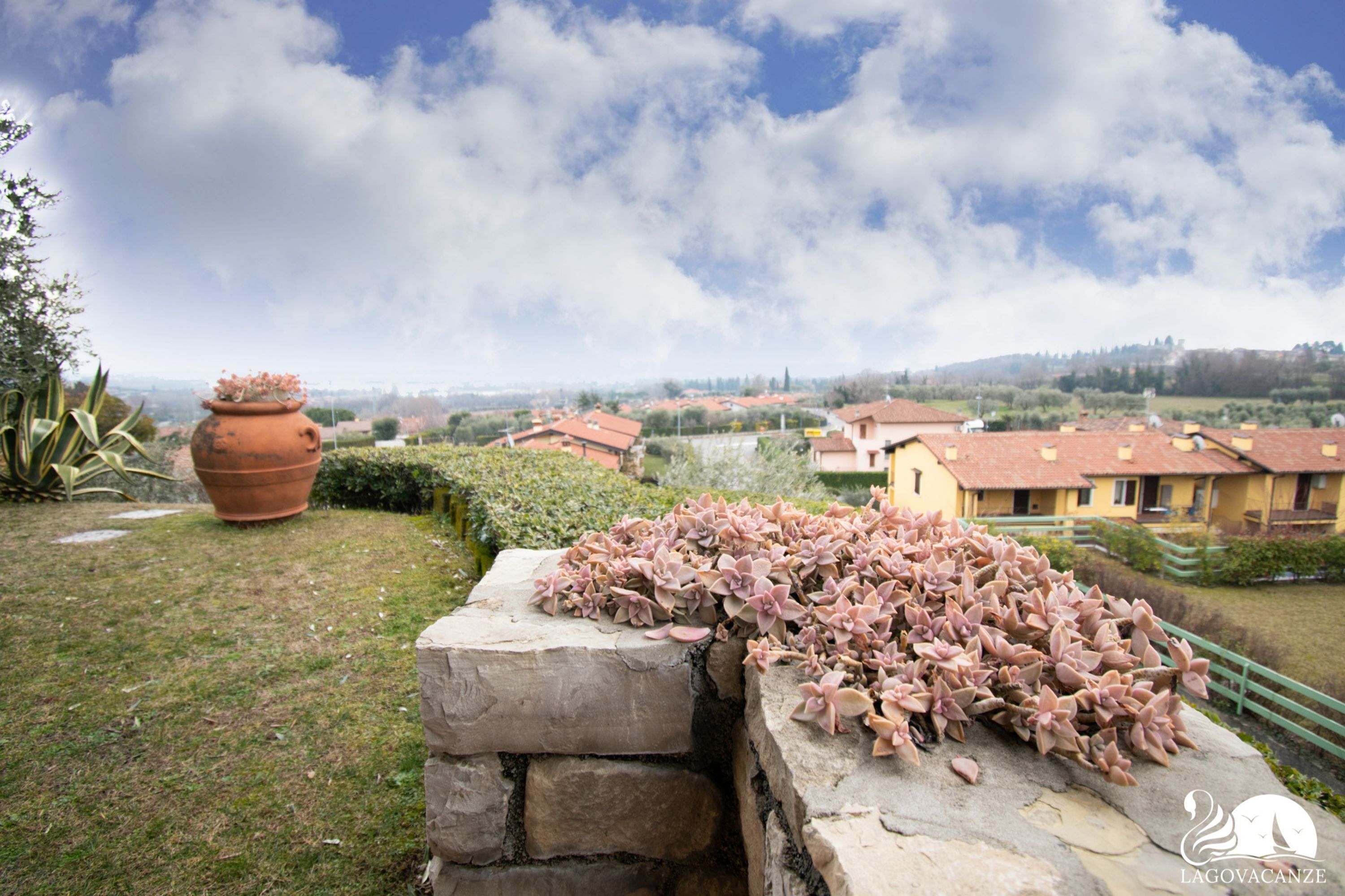 Un mur de pierres surmonté d’un tas de plantes grasses roses, un pot en terre cuite et, au loin, une vue sur des maisons.