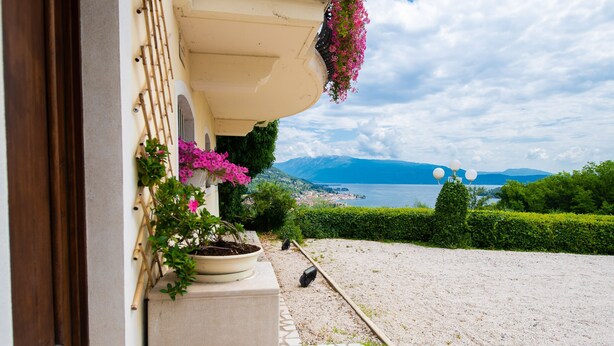 Un balcon agrémenté de plantes en pot, avec vue sur un lac et des montagnes.
