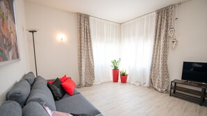 Una sala de estar con un sofá gris, cojines rojos y negros, dos plantas rojas en macetas, un televisor sobre un soporte de madera y un ventanal con cortinas traslúcidas.