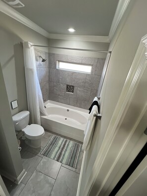 Hair dryer, towels, soap, toilet paper