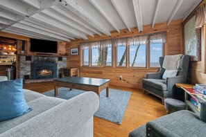 Smart TV, fireplace, books, stereo