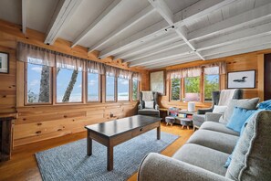 Smart TV, fireplace, books, stereo