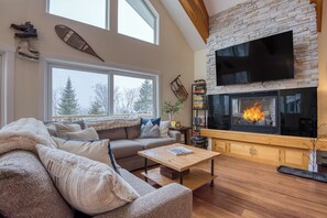 Smart TV, chimenea, videojuegos, futbolito