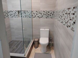 Douche, serviettes fournies, savon, papier toilette