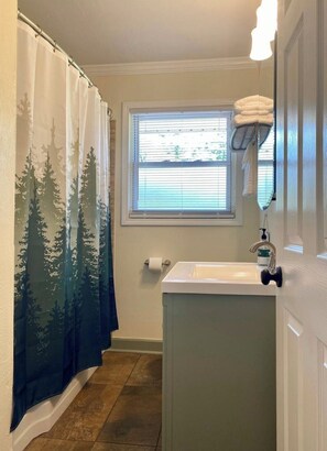Hair dryer, towels, soap, shampoo