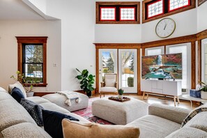 Smart TV, fireplace, foosball