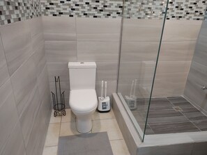 Shower, towels, soap, toilet paper