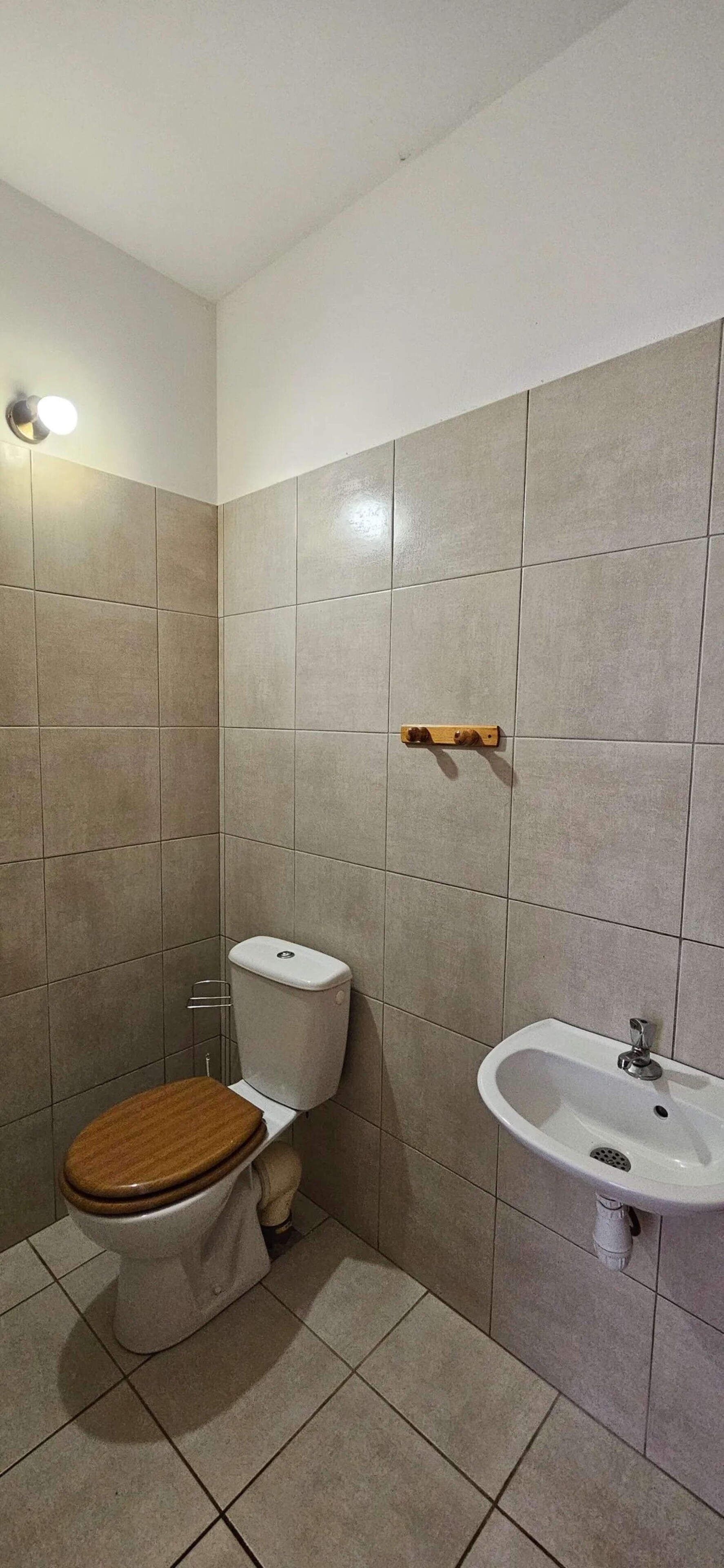 A bathroom with a toilet, sink, and a towel rack on the wall.