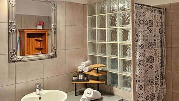 Shower, hair dryer, towels