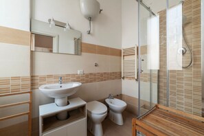 Shower, hair dryer, bidet, towels