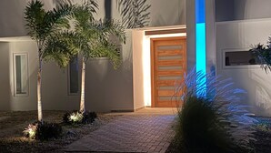 Una casa moderna con puerta de madera, dos palmeras y un camino que lleva a la entrada.