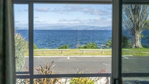A view through a window of a coastal road with a grassy area, a bench, and a tree. - Kinloch Lakefront with wifi (Kinloch)