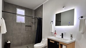 Un baño moderno con ducha, inodoro y tocador.