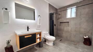 Shower, towels, soap, toilet paper