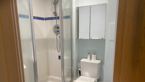 A bathroom with a glass-enclosed shower, a toilet, and a trash can. - 2 Bed Flat - Sleeps 4 - Parking - WIfi (London)