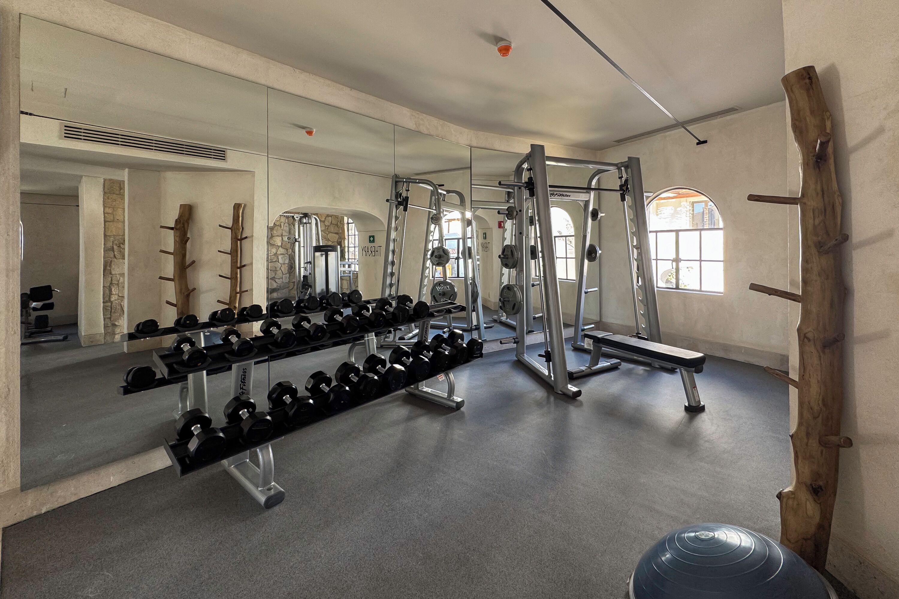 A gym with weightlifting equipment, dumbbells, and a mirrored wall.