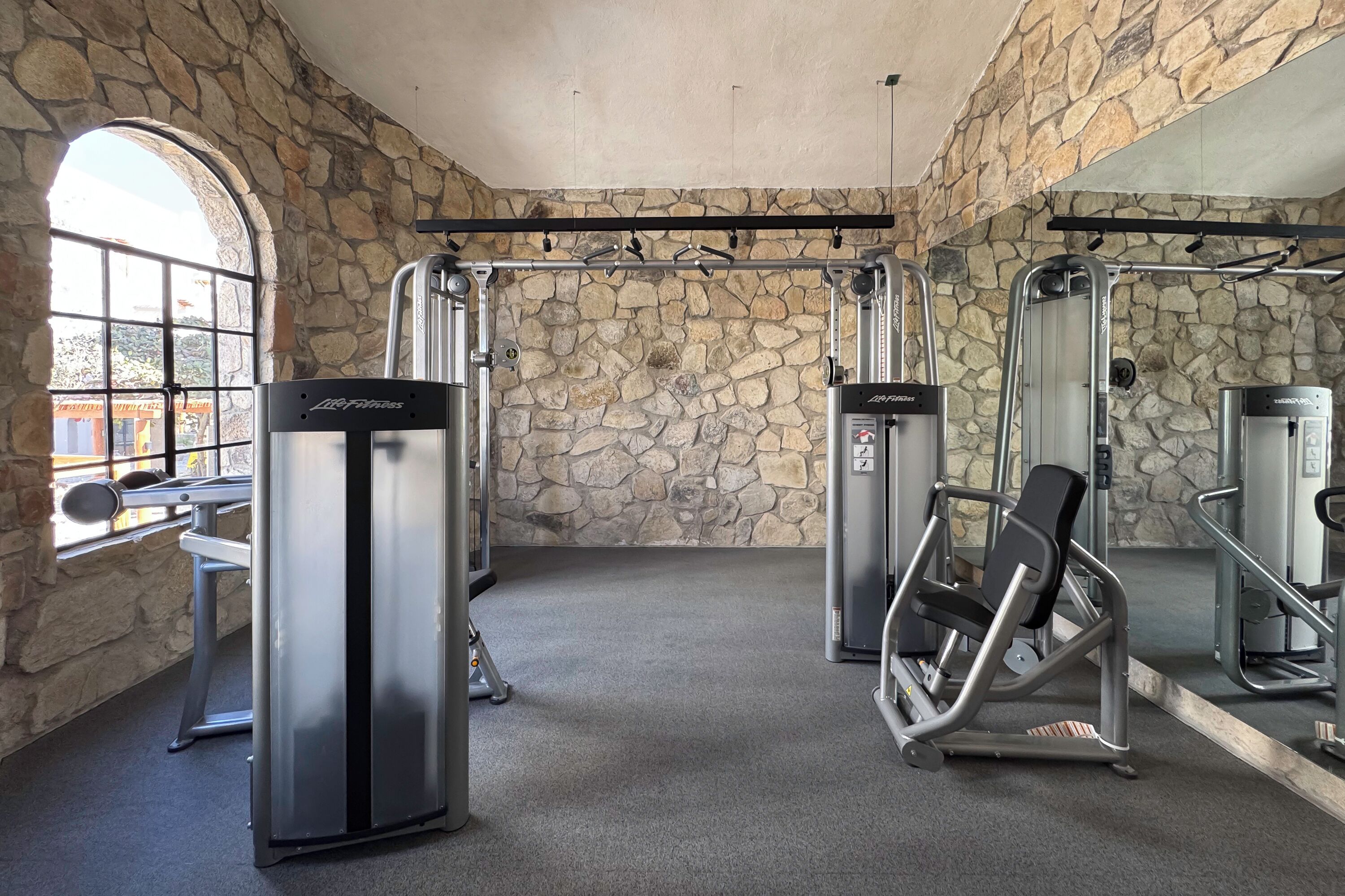 A gym with stone walls, a pull-up bar, and various exercise machines.