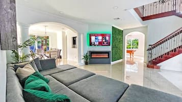 TV connectée, cheminée, livres, chaßne hi-fi