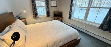 Un dormitorio con una cama grande, una mesita de noche, un televisor y dos ventanas con cortinas.