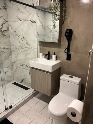 Secadora de cabello, toallas, jabón, papel de baño 