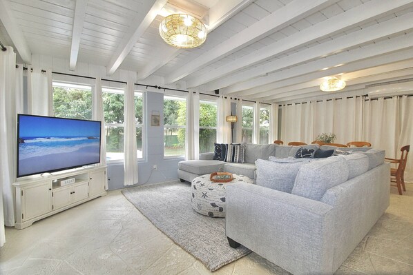 Televisión, chimenea, reproductor de DVD y estéreo 