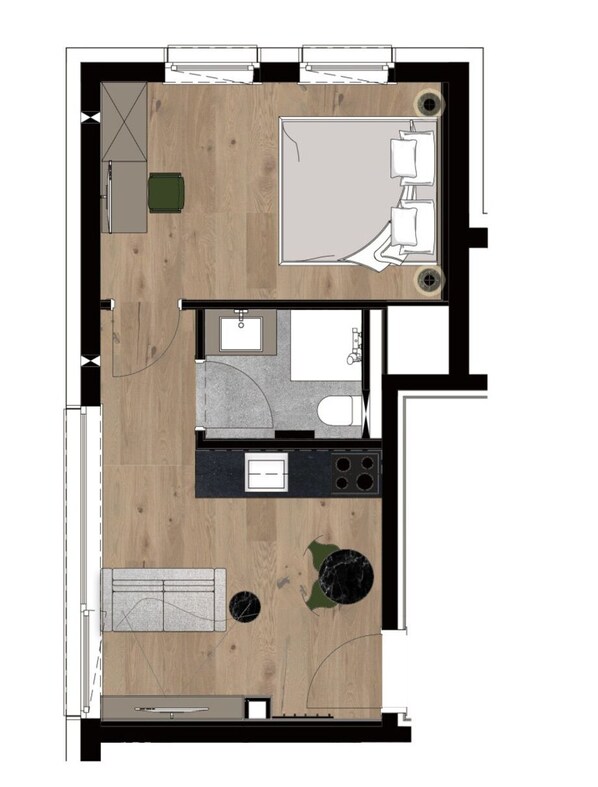 A floor plan of a hotel room with a kitchenette, a bathroom, and a seating area. - Gipfelgluck Classic (Kirchberg in Tirol)